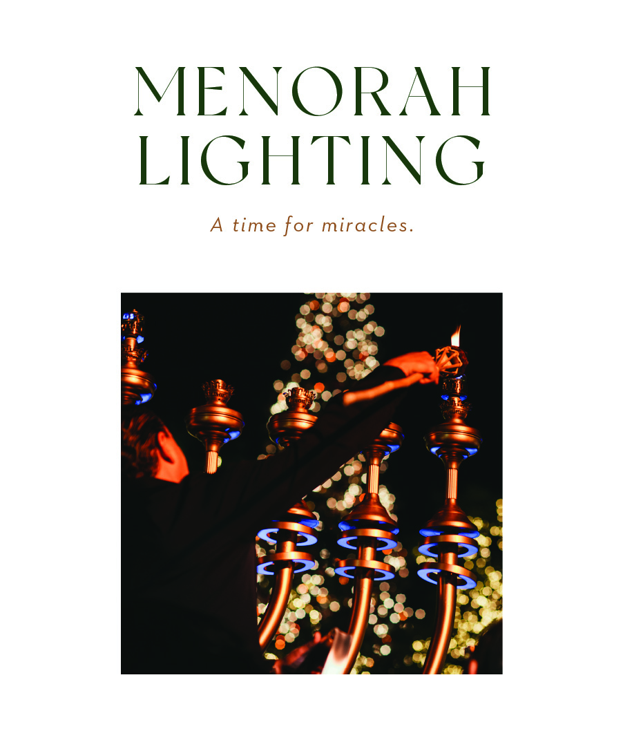 Text: Menorah lighting. A time for miracles. Image: someone lighting a menorah.